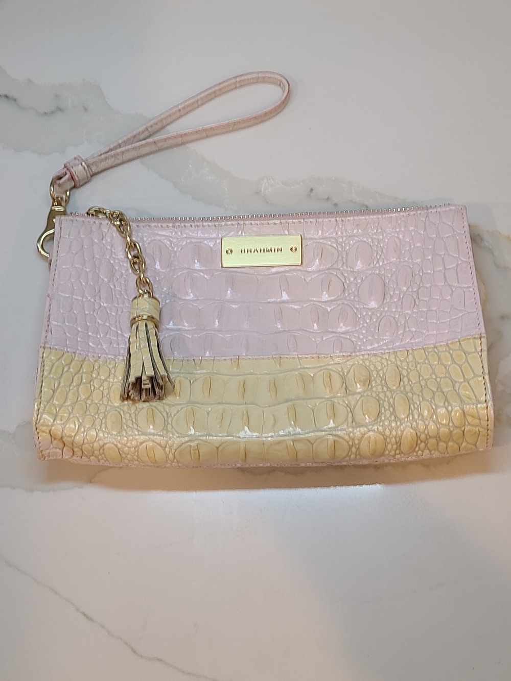 Brahmin Daisy Pink & Cream Croc-Embossed Wristlet with Tassel EUC